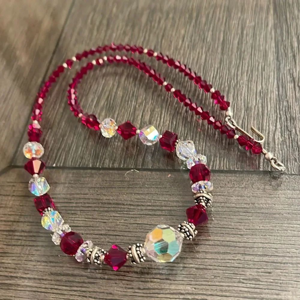 Vintage Cut Glass Red & Aurora Borealis Crystal Necklace